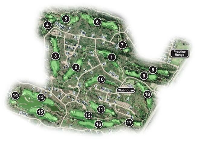 Course map of St Francis Links showing all 18 holes, the clubhouse and the practice range